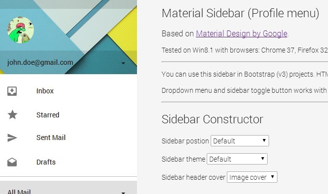 Material Sidebar (Profile menu)